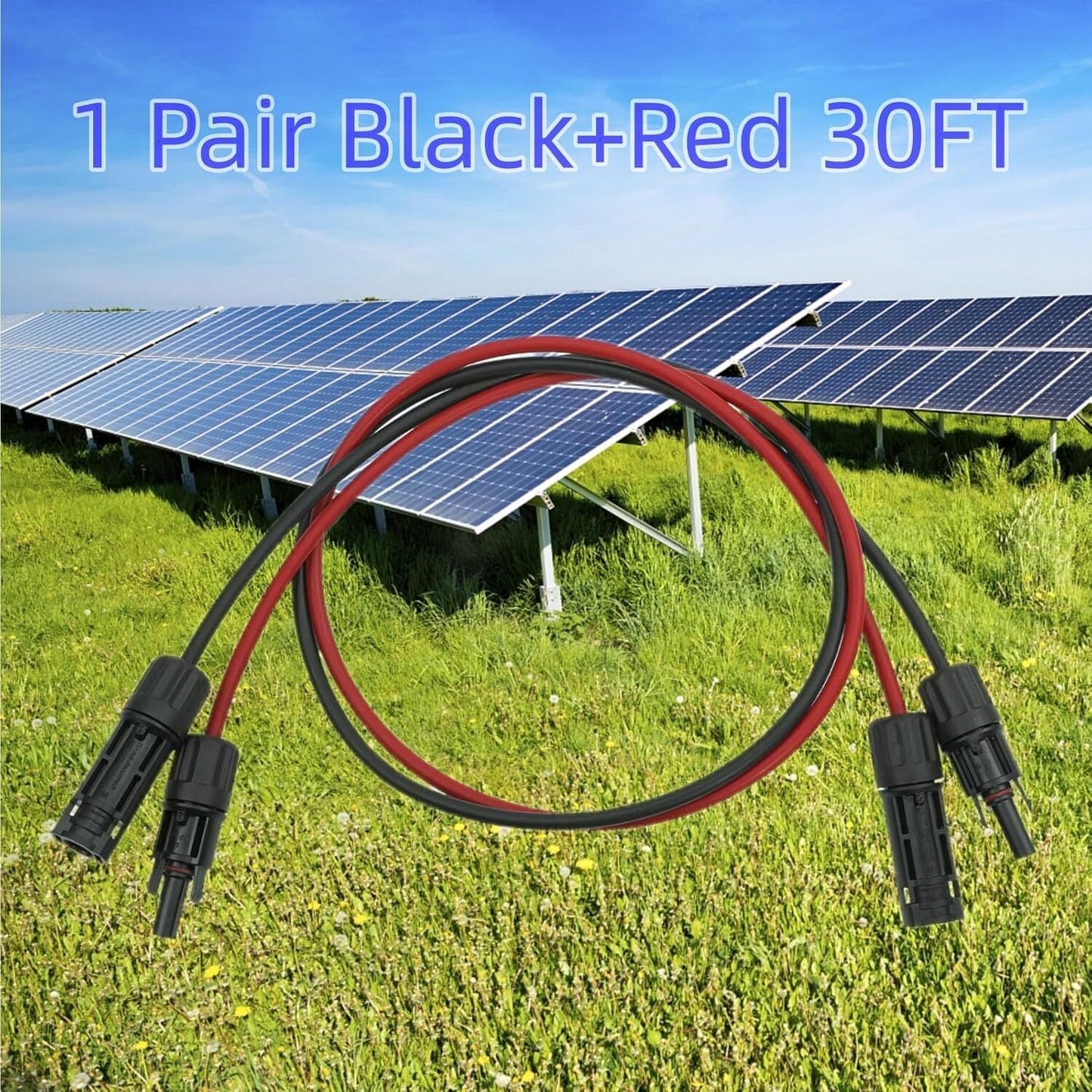 12AWG 30 feet Black + 30 feet Red Solar Panel Extension Cable and Connectors