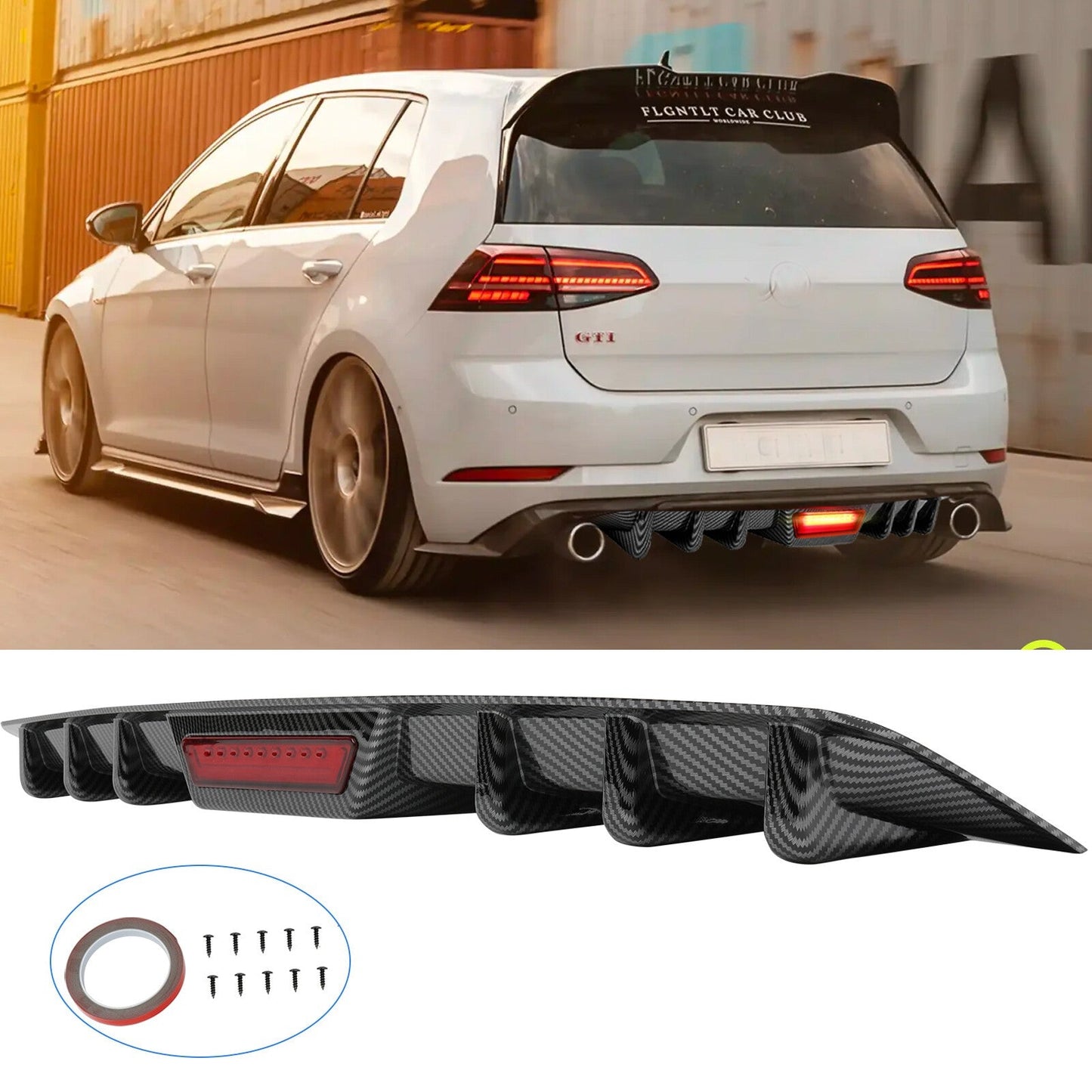 For VW Golf GTI MK6 MK7 Carbon Fiber Rear Bumper Diffuser LED Brake Light
