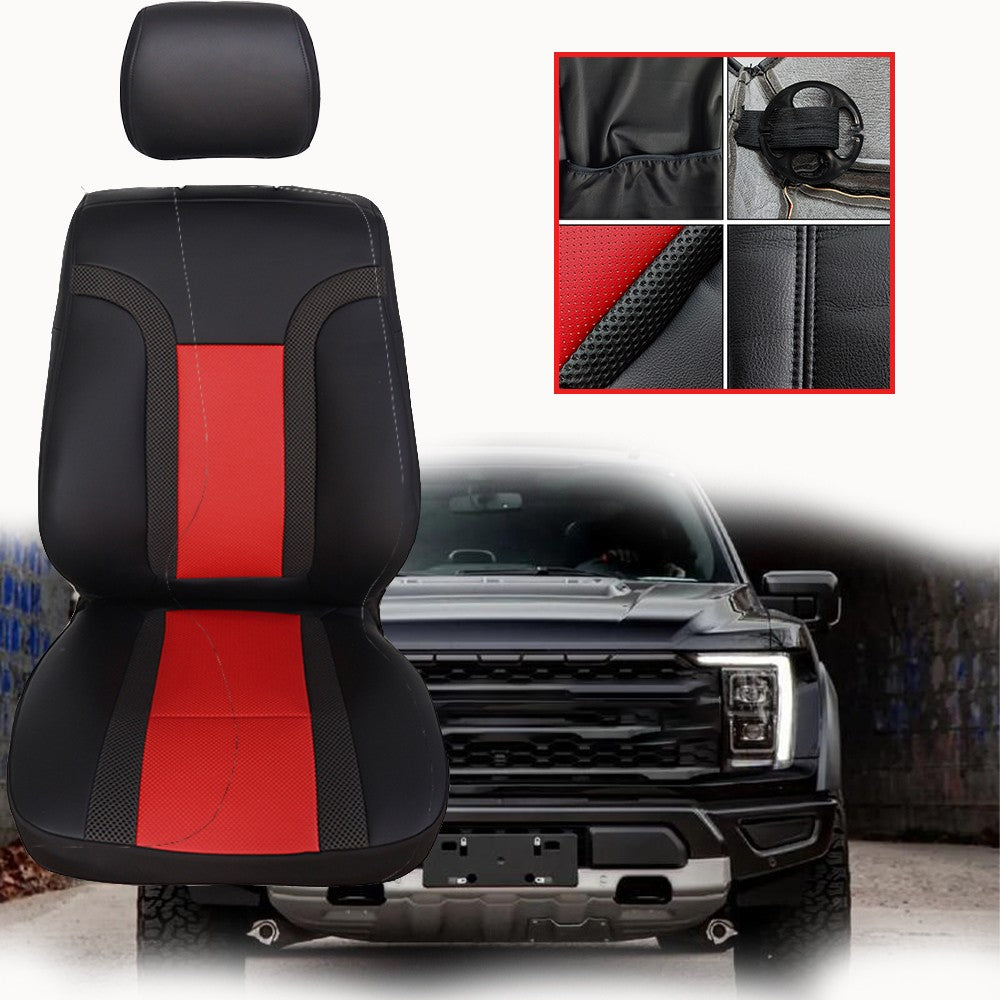 Driver Leather Seat Cover For 2010 - 2014 Ford F150 Raptor SVT Black & Red Syn.