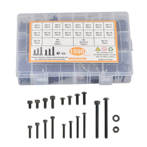 1590 pcs M3 Screw Kit with Hex Button and Socket Head Bolts, Nuts, and Washers