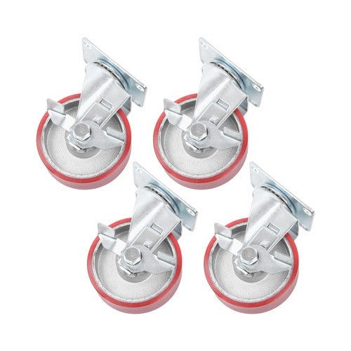 Four 4-inch red polyurethane galvanized casters with side brakes