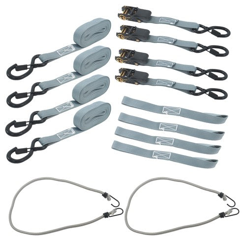 4 Pack Ratchet Strap Polyester Gray 2200lbs 1in*15ft S Hook 36' Stretch Cord*2