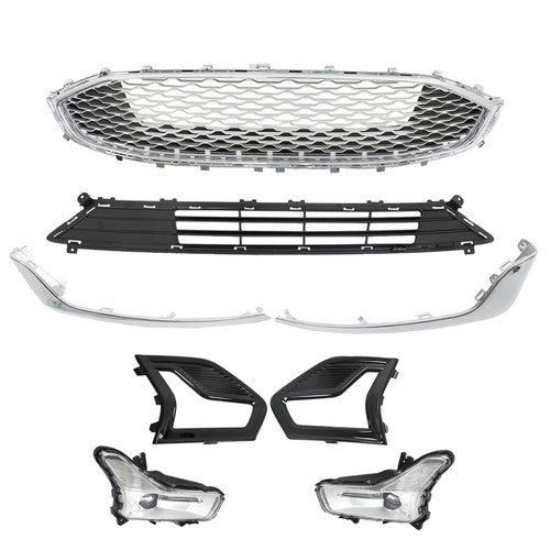 Front Upper + Lower Grill w/ Fog Lights + Chrome Trim For Ford Fusion 2019-2020