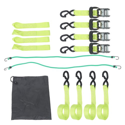 4-Pack 1.6"x8' Green Ratchet Straps Kit 5,208lb Break Strength w/ Safety S Hooks