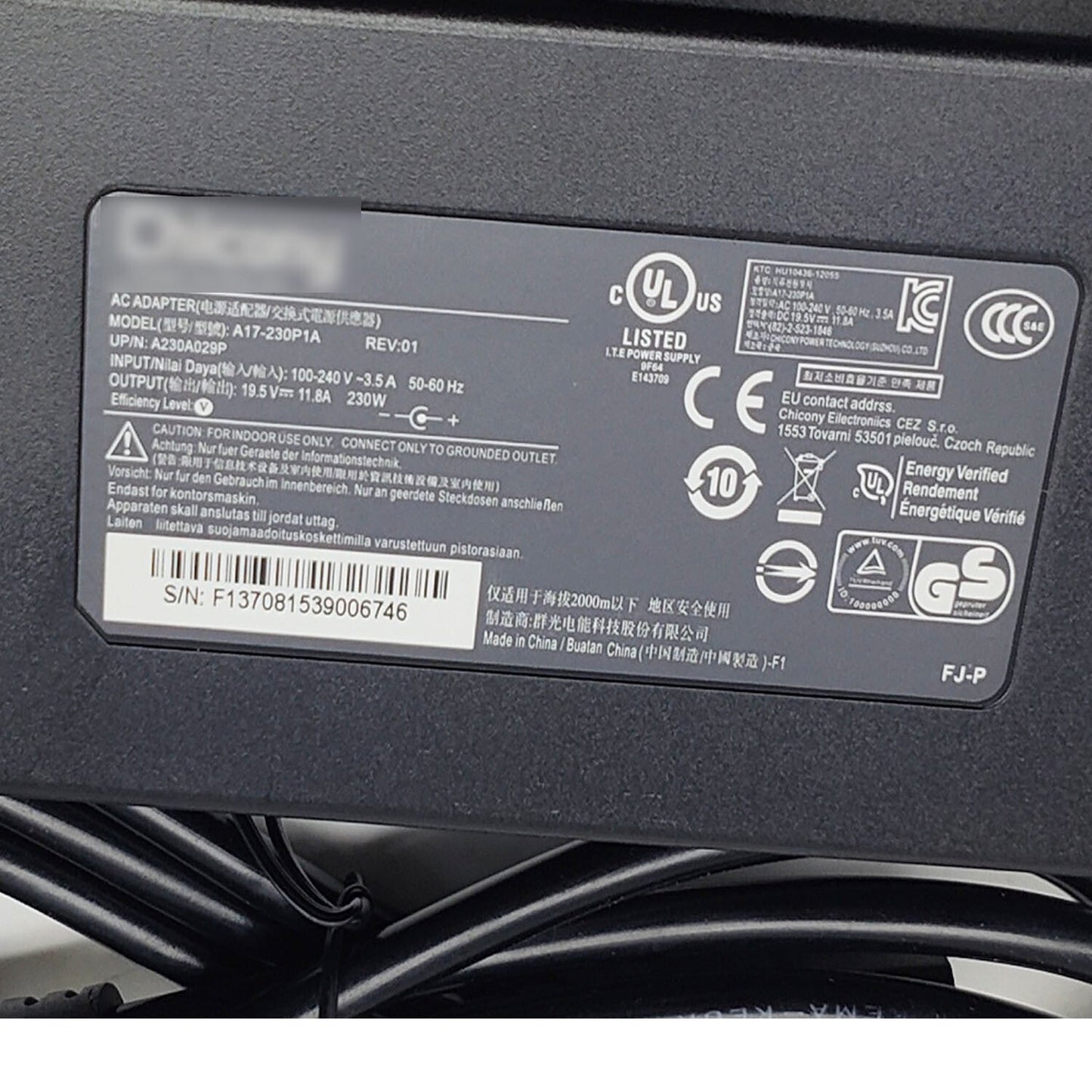 5.5*2.5mm 19.5V 11.8A 230W For MSI Clevo GigaByte A17-230P1A AC Adapter Charger
