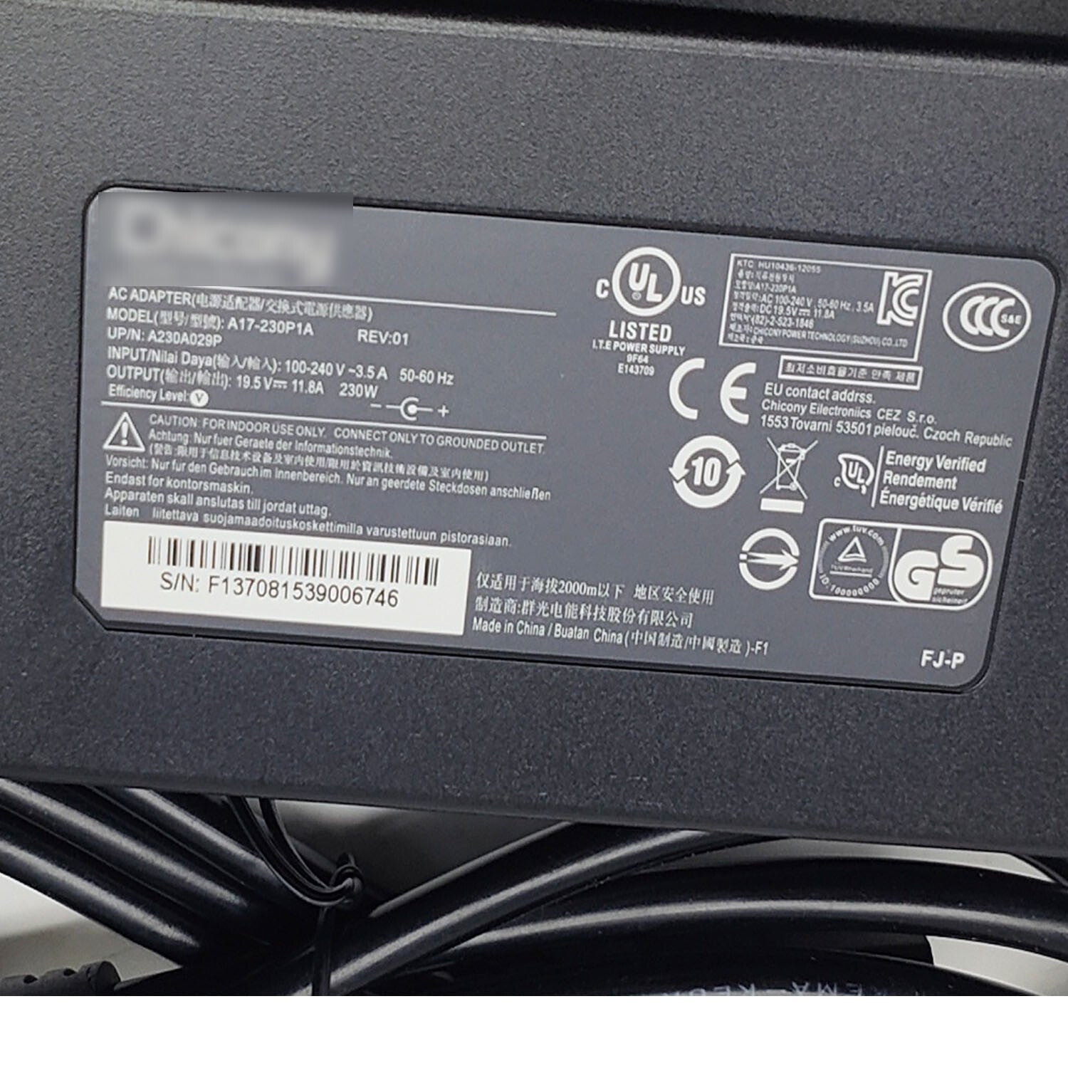 5.5*2.5mm 19.5V 11.8A 230W For MSI Clevo GigaByte A17-230P1A AC Adapter Charger