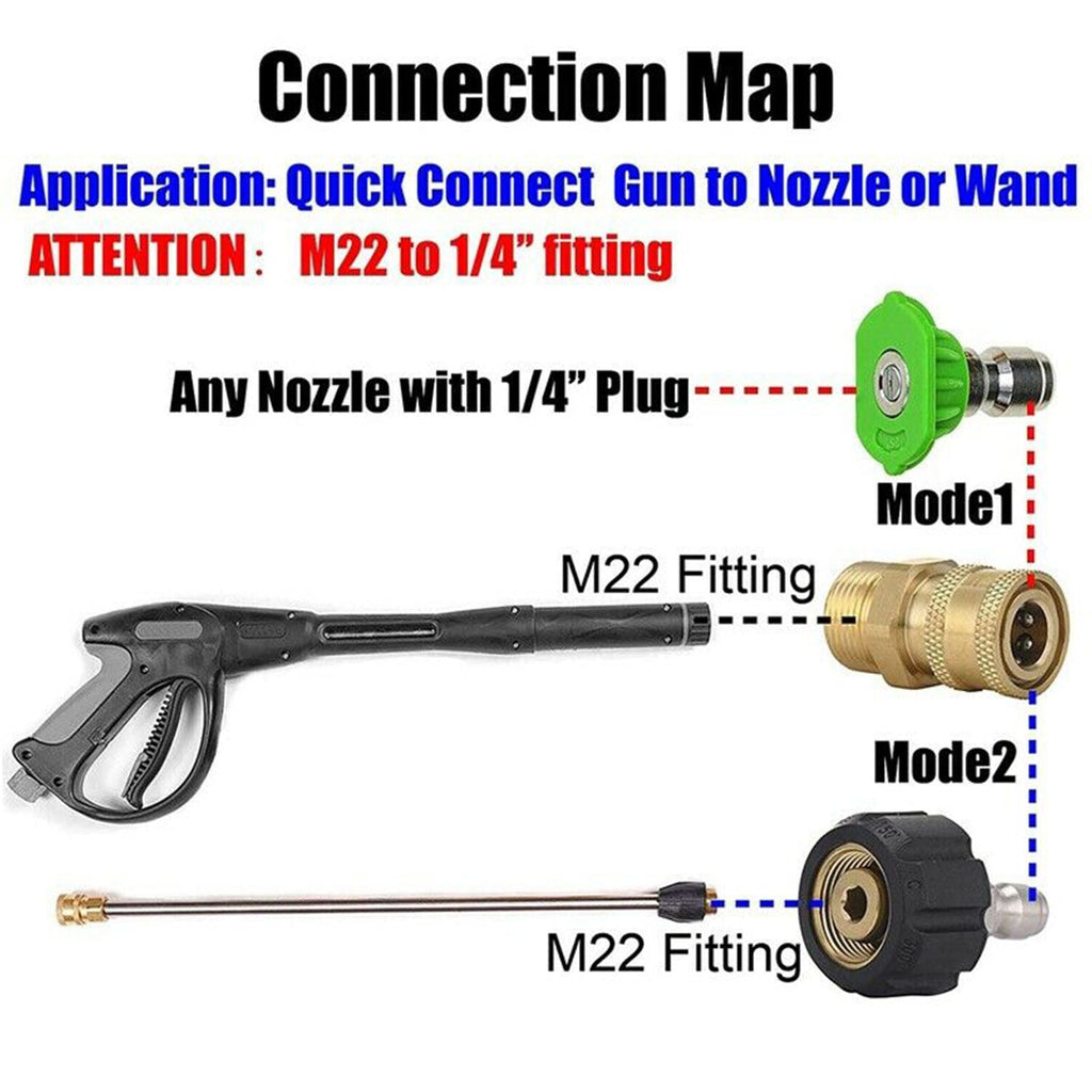Pressure Washer Hose Connector Adapter Set Quick Connect M22 to 1/4" Gun to Wand