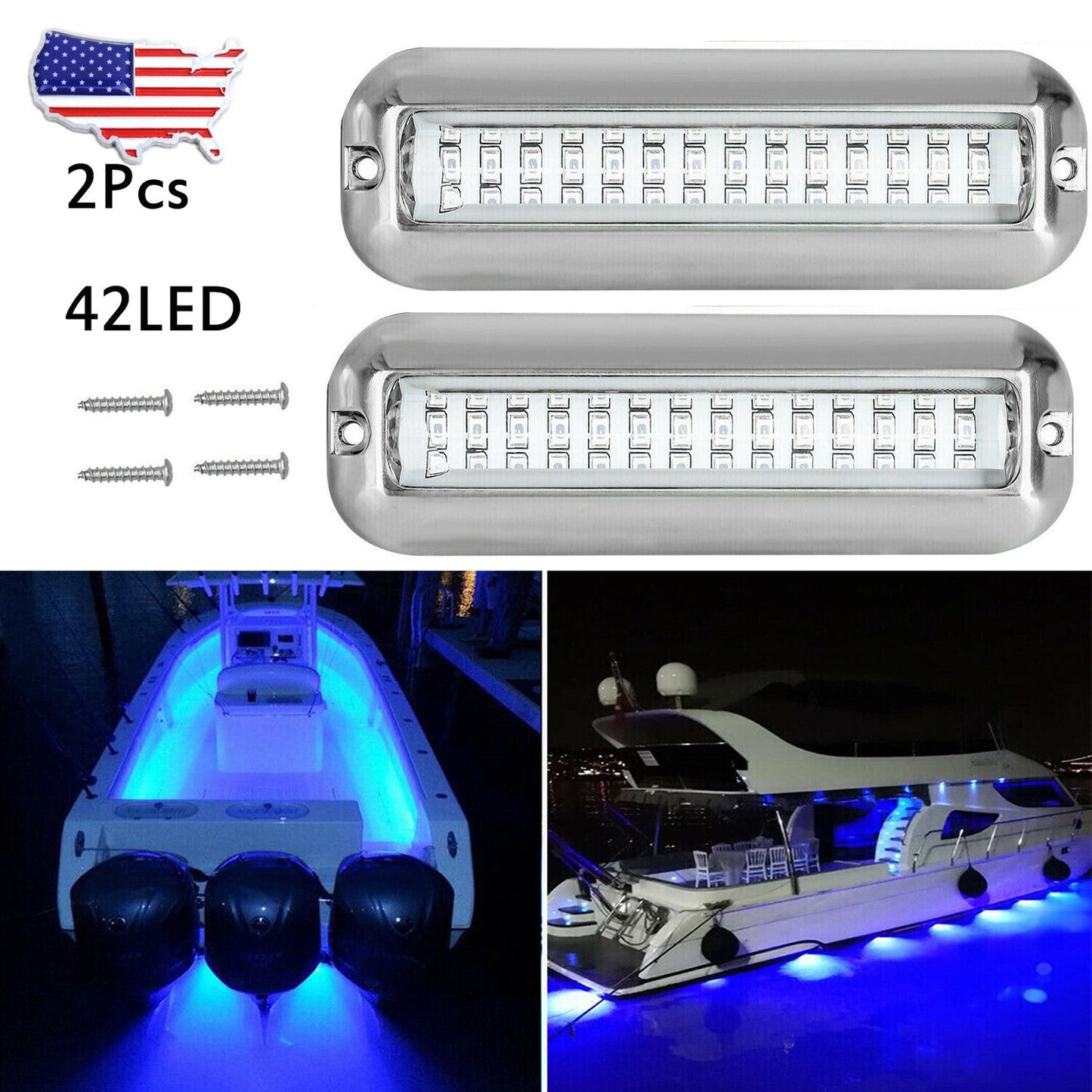 2x 42 LED Blue 316 Stainless Steel Underwater Boat Marine Transom Lights