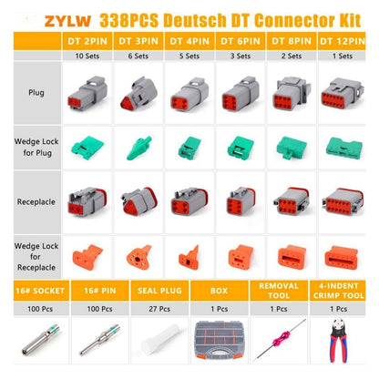 DTDeustch Connector Kit 2/3/4/6/8/12Pin Removal Tool Waterproof Connector 338pcs