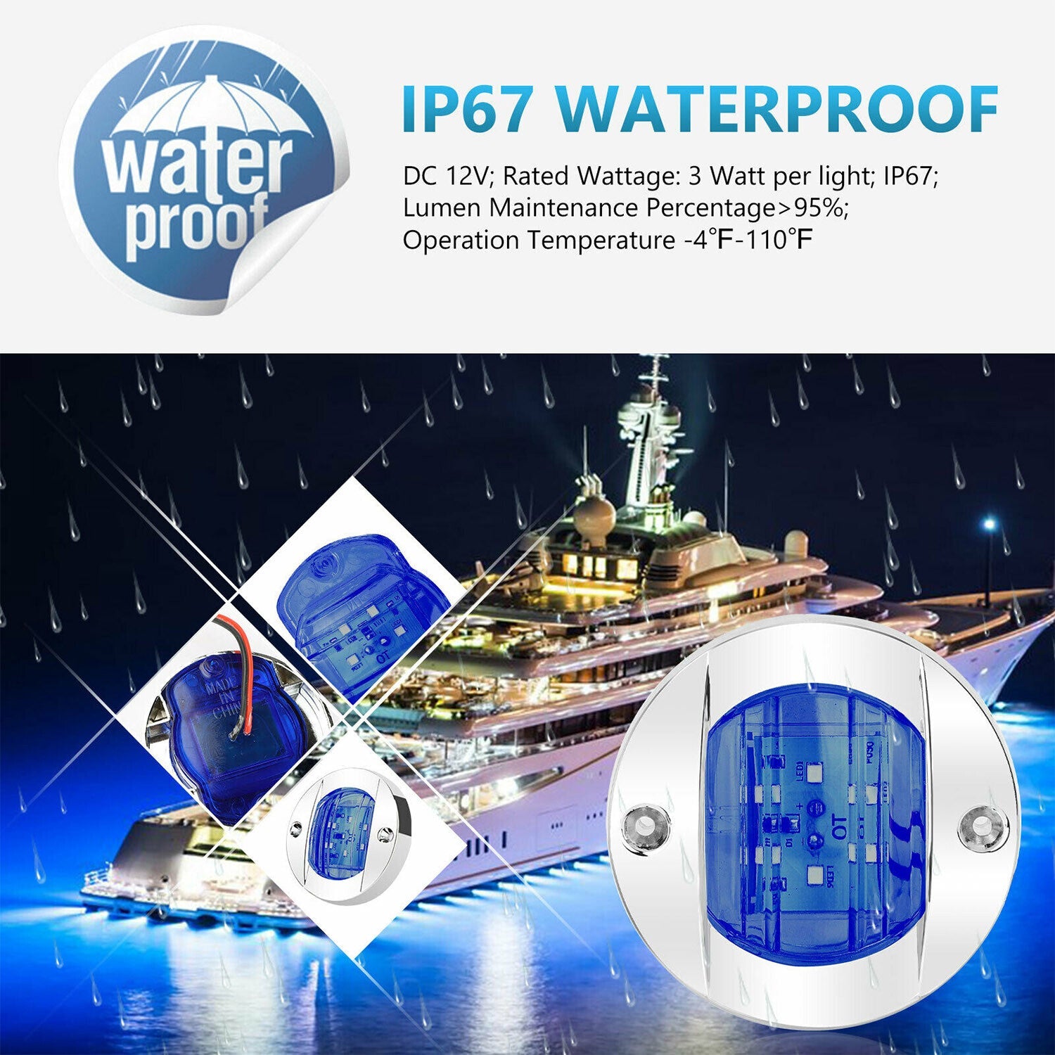 4X Round Marine Boat LED Courtesy For Cabin Deck Stern Navigatioin Light Blue