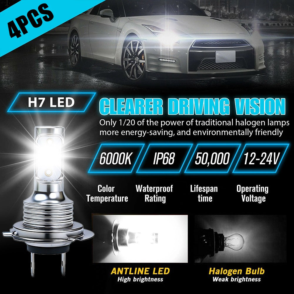 4Pcs H7 LED Headlights Bulbs 10000K High Low Beams Kit Combo Super White Bright