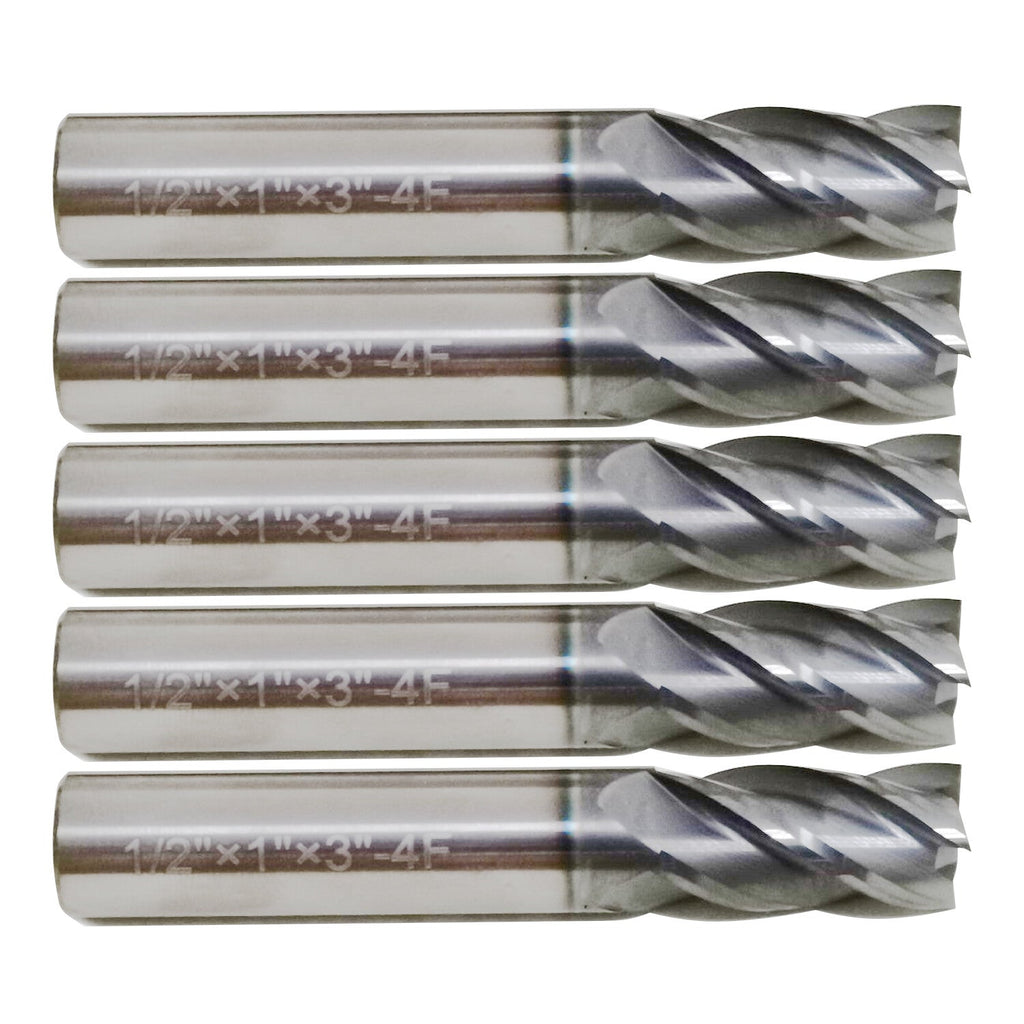 5 PCS 1/2 Inch 4 Flute Carbide End Mill Regular Length TiALN Coated