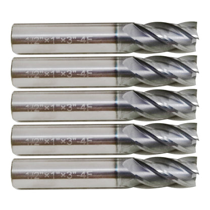 5 PCS 1/2 Inch 4 Flute Carbide End Mill Regular Length TiALN Coated