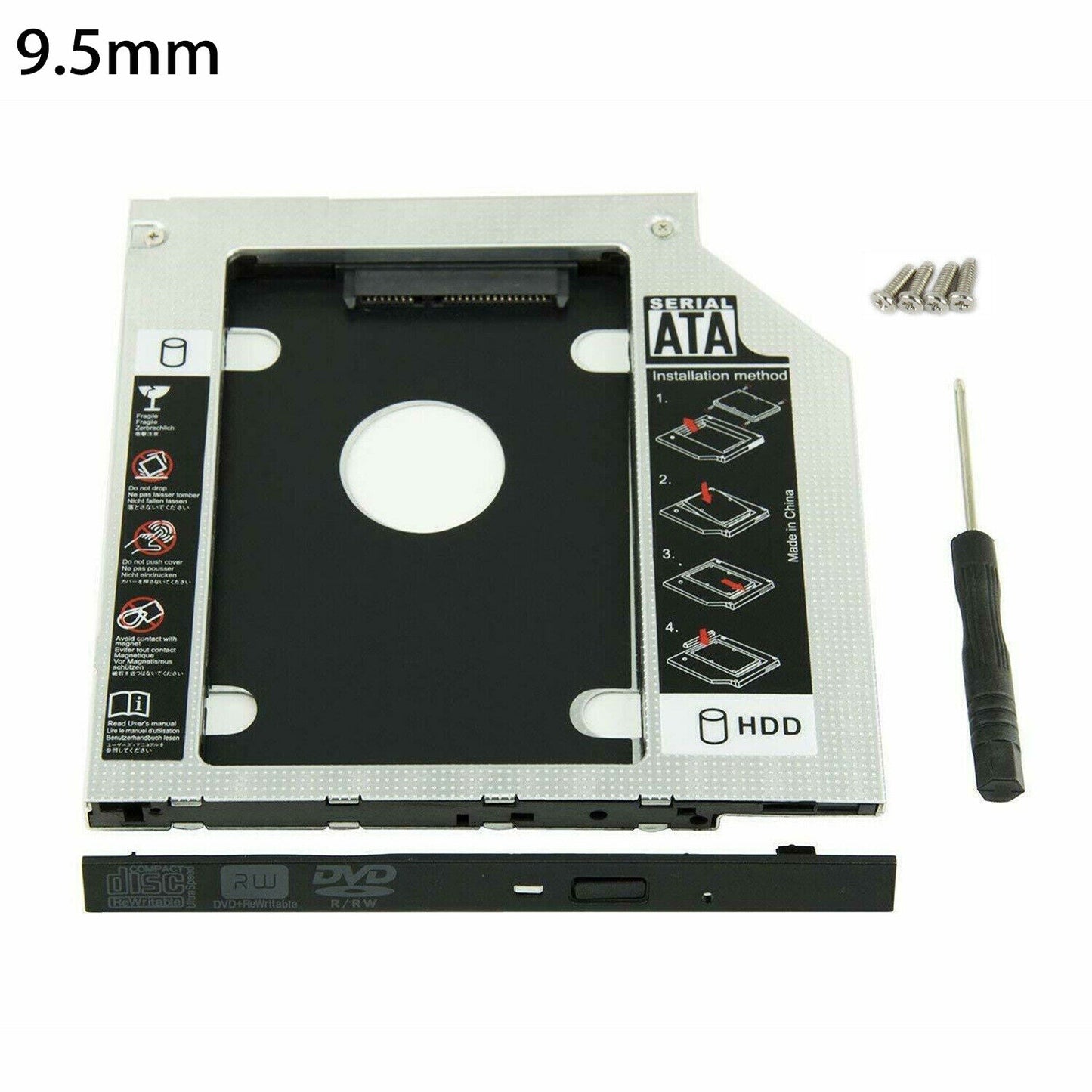 CD DVD ROM Optical Bay 9 5mm Universal SATA 2nd HDD SSD Hard Drive Caddy
