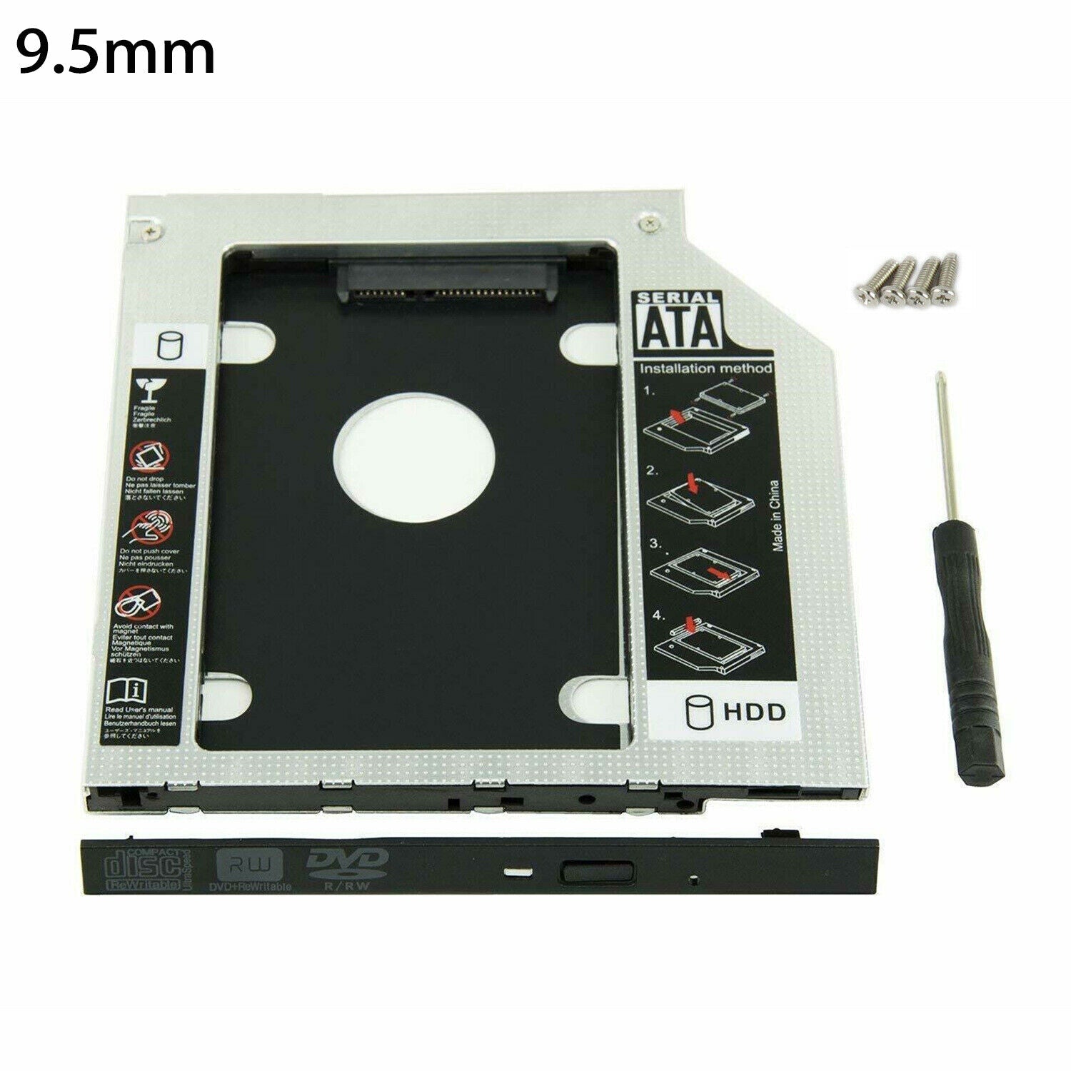 CD DVD ROM Optical Bay 9 5mm Universal SATA 2nd HDD SSD Hard Drive Caddy