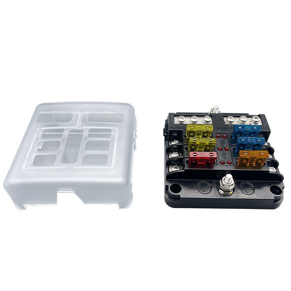 6Way Car Boot Power Distribution 12/24V Blade Fuse Holder Box Block Panel Board