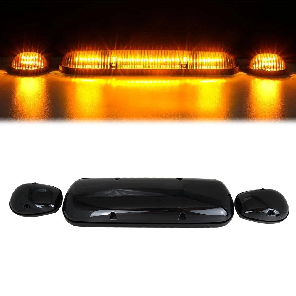 For Truck SUV Smoked Lens 3pc Cab Roof Marker Running Lights w/Amber LED Lamps
