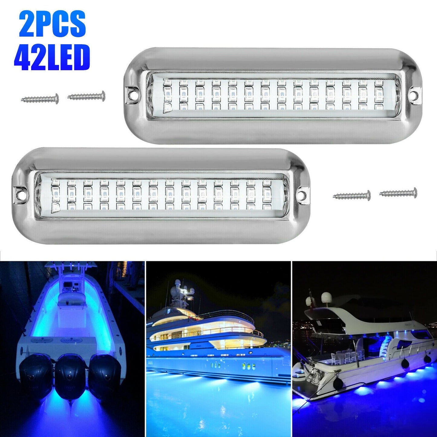 2x 42 LED Blue 316 Stainless Steel Underwater Boat Marine Transom Lights