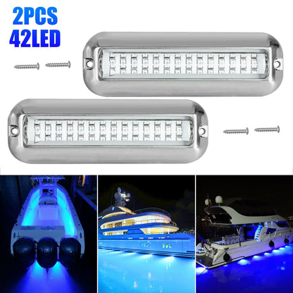 2x 42 LED Blue 316 Stainless Steel Underwater Boat Marine Transom Lights