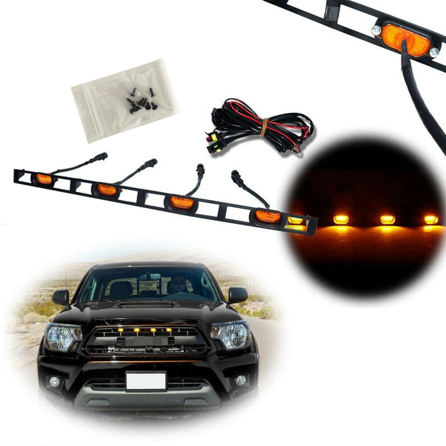 Front Hood Grille Amber LED Lights Assy w/Wire Harness For 12-15 Toyota Tacoma