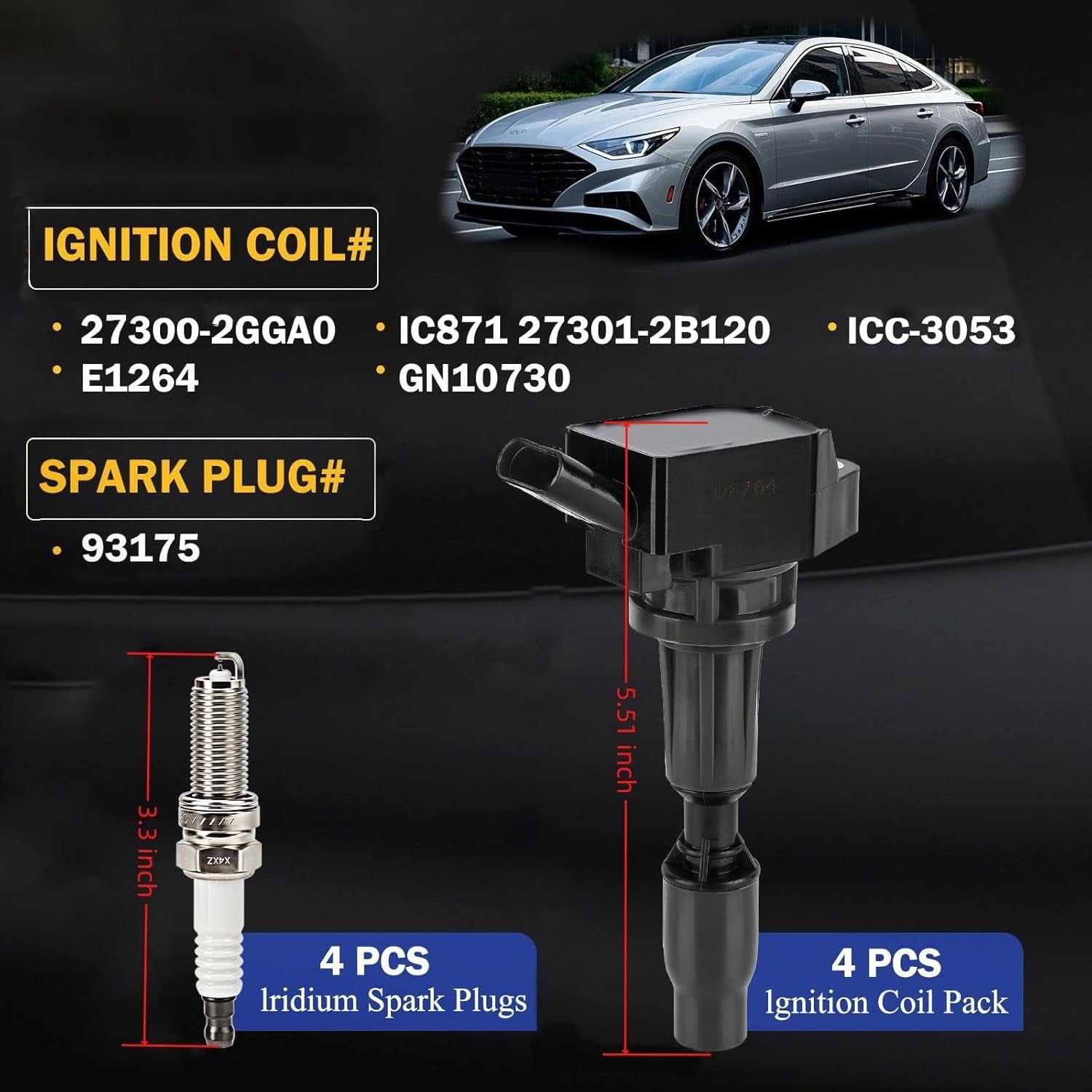 4 Ignition Coils Pack UF764 and Iridium Spark Plugs for K-ia Optima 2L 2.4L