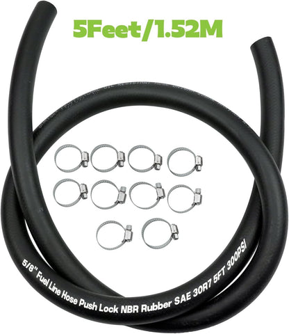 5/8" 16mm Fuel Line Hose Push Lock NBR Rubber SAE 30R7 5FT 300PSI with 10 Clamps