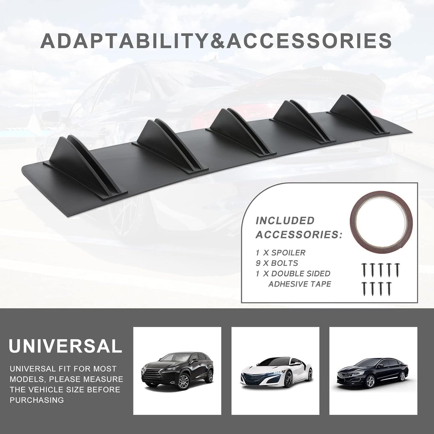 For 2013-2017 Honda Accord 10 Fins Rear Bumper Diffuser Spoiler Lip Splitter
