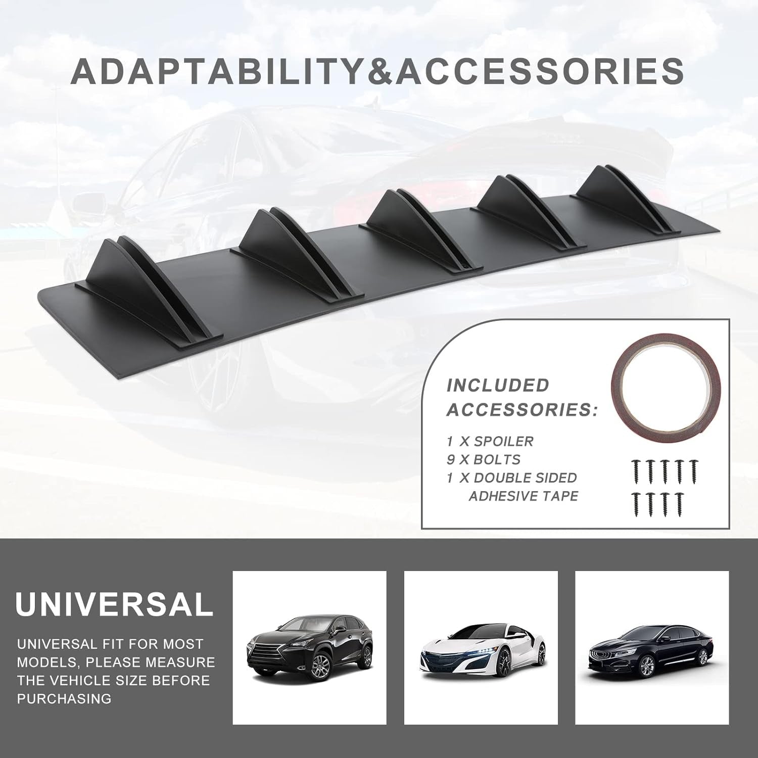 For 2013-2017 Honda Accord 10 Fins Rear Bumper Diffuser Spoiler Lip Splitter
