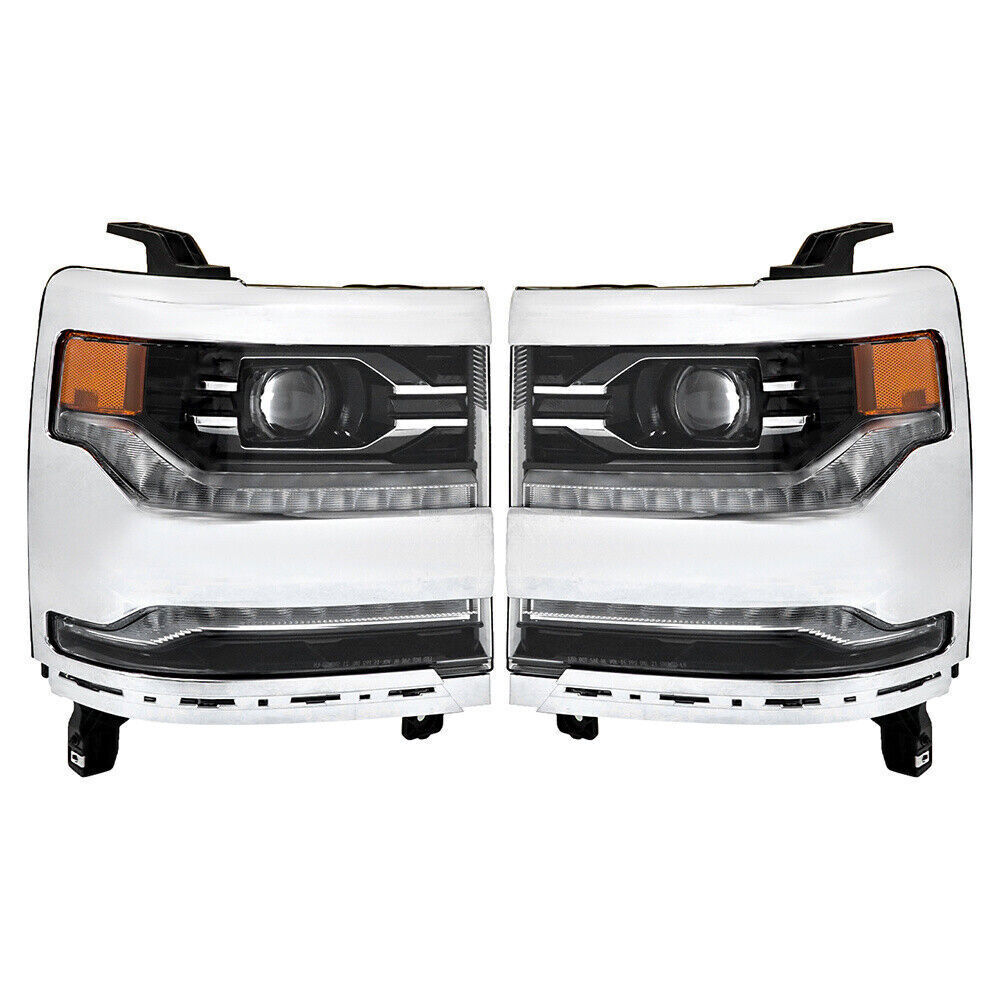 Right+Left Headlights For 2016-18 Silverado 1500 LED Chrome Housing Lens
