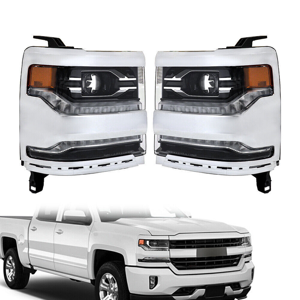 Right+Left Headlights For 2016-18 Silverado 1500 LED Chrome Housing Lens