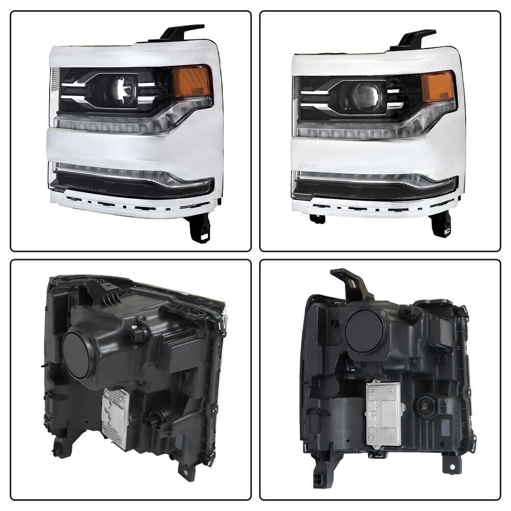 Right+Left Headlights For 2016-18 Silverado 1500 LED Chrome Housing Lens