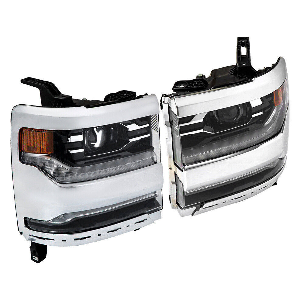 Right+Left Headlights For 2016-18 Silverado 1500 LED Chrome Housing Lens