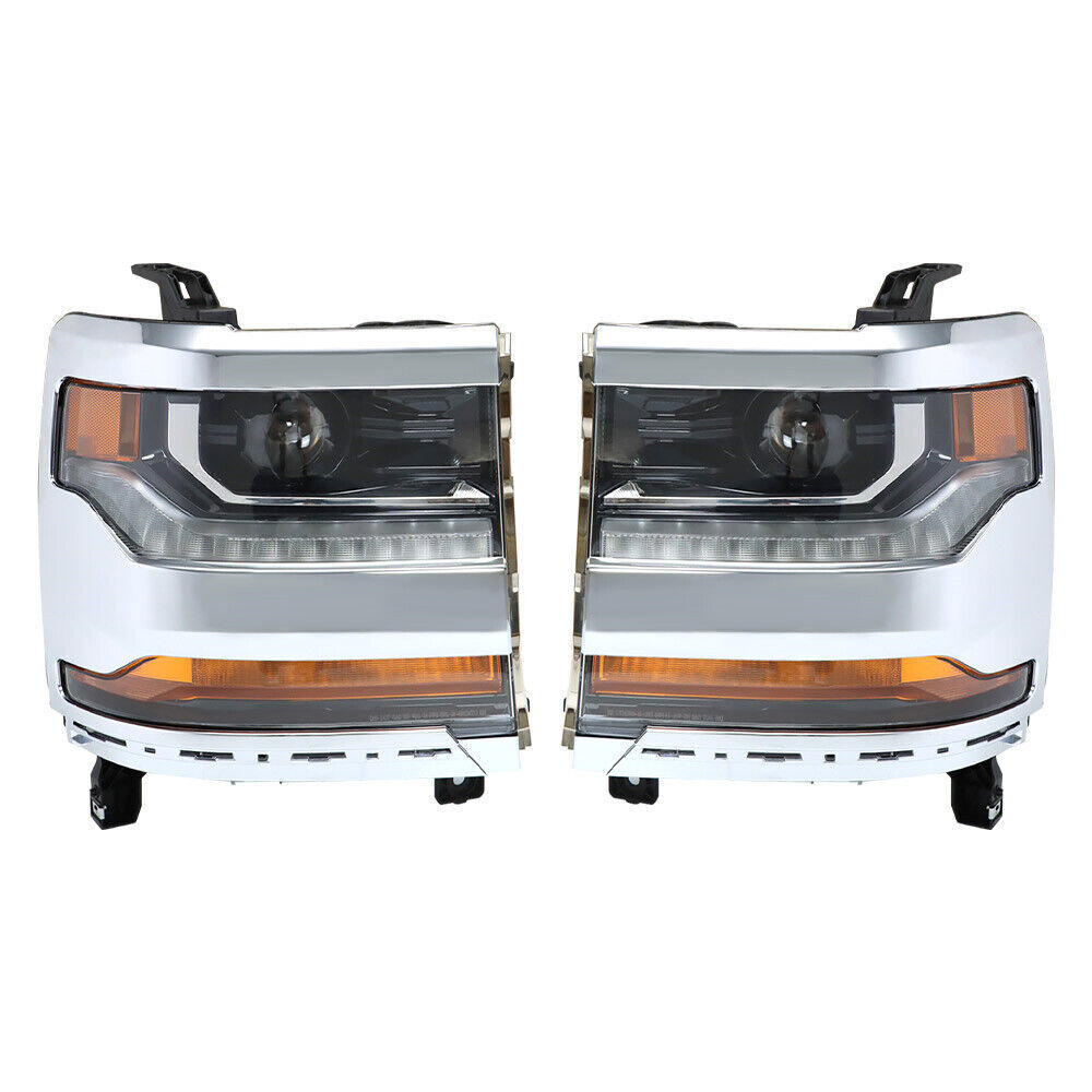 Left+Right Headlights For 2016-18 Chevy Silverado 1500 HID w/ DRL Chrome