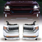 Left+Right Headlights For 2016-18 Chevy Silverado 1500 HID w/ DRL Chrome