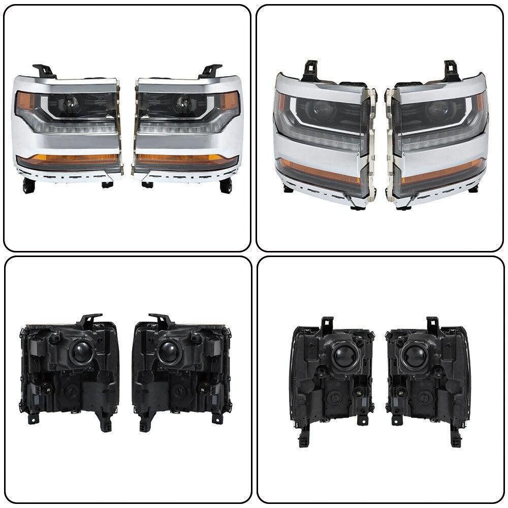 Left+Right Headlights For 2016-18 Chevy Silverado 1500 HID w/ DRL Chrome