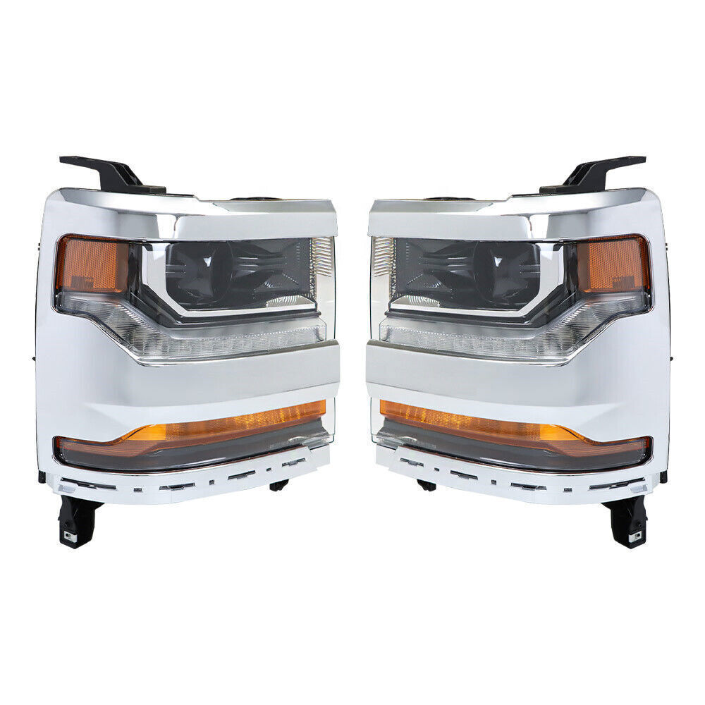 Left+Right Headlights For 2016-18 Chevy Silverado 1500 HID w/ DRL Chrome