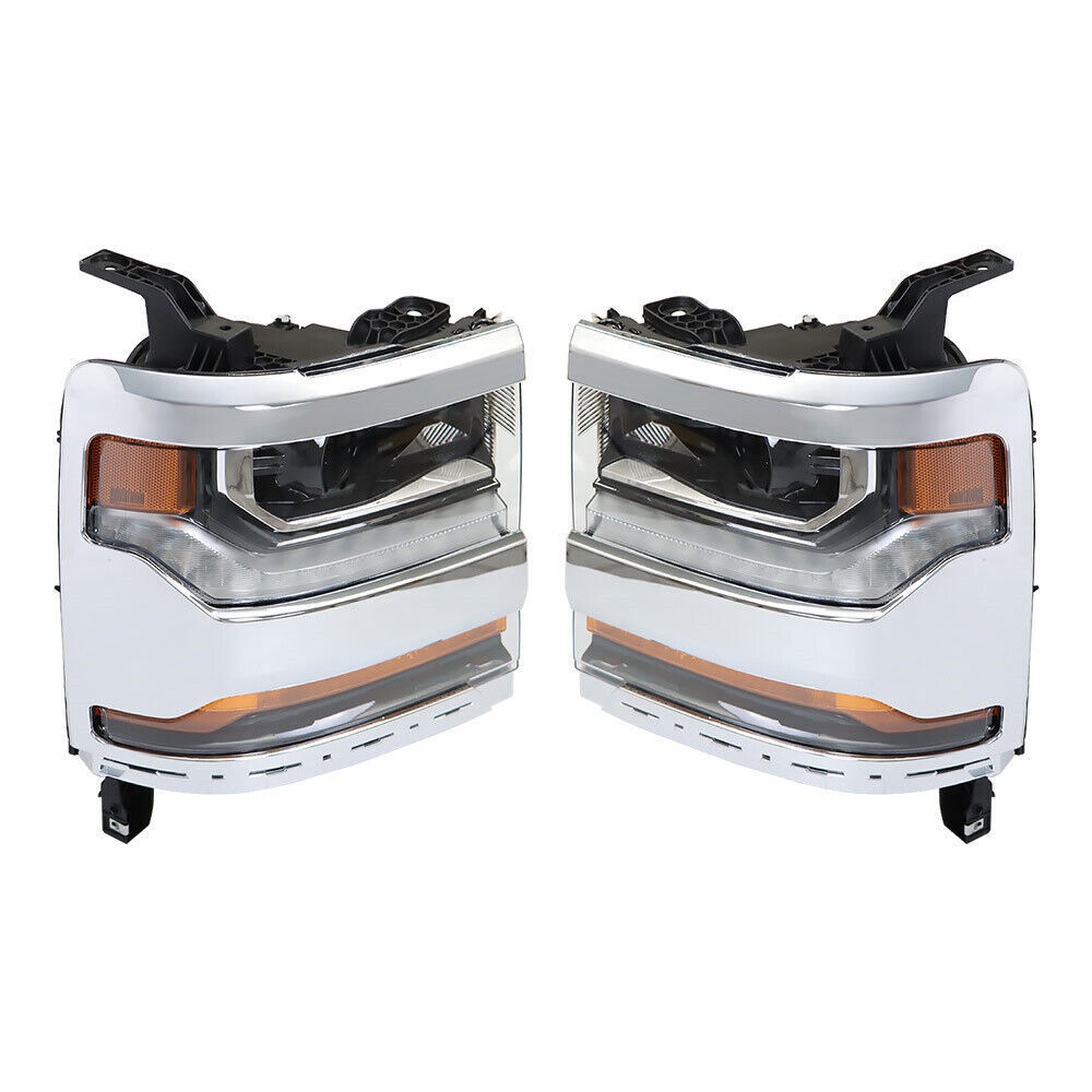 Left+Right Headlights For 2016-18 Chevy Silverado 1500 HID w/ DRL Chrome