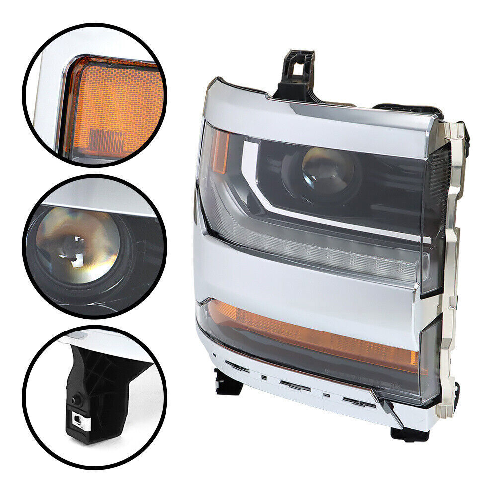 Left+Right Headlights For 2016-18 Chevy Silverado 1500 HID w/ DRL Chrome