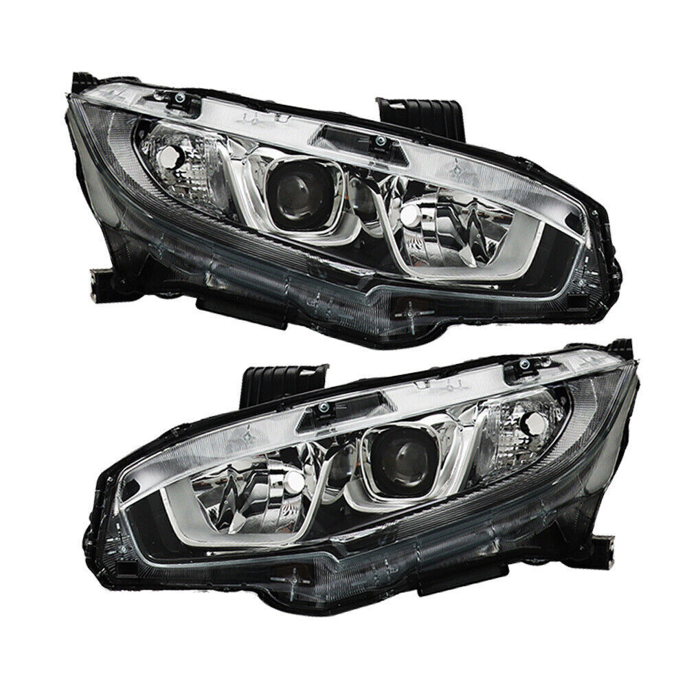 Pair Halogen W/LED DRL Headlight For 2016-2020 Honda Civic Electroplated