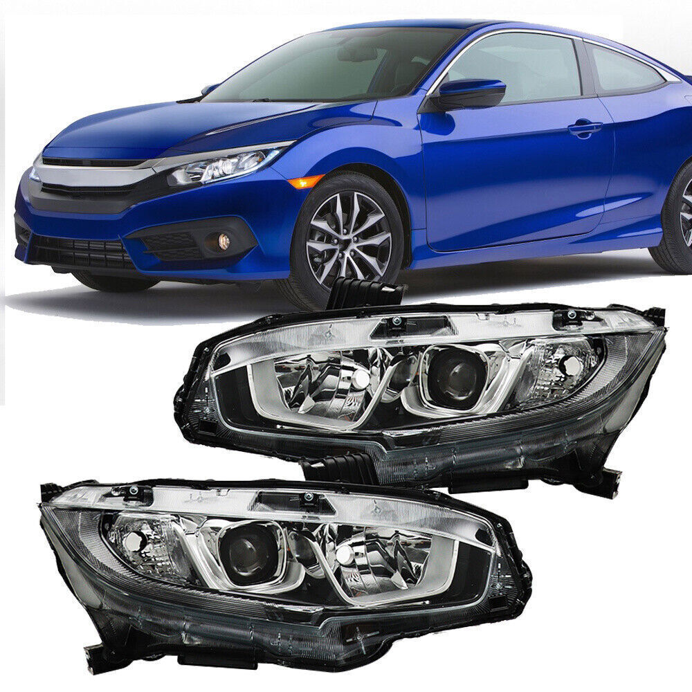 Pair Halogen W/LED DRL Headlight For 2016-2020 Honda Civic Electroplated
