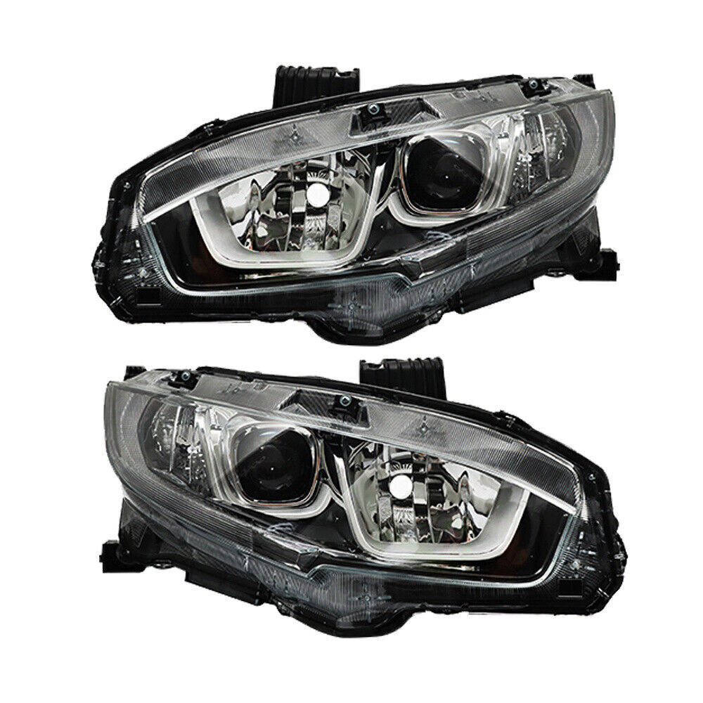 Pair Halogen W/LED DRL Headlight For 2016-2020 Honda Civic Electroplated