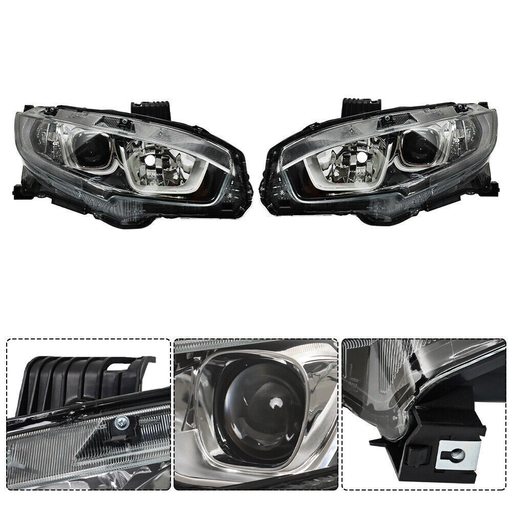 Pair Halogen W/LED DRL Headlight For 2016-2020 Honda Civic Electroplated