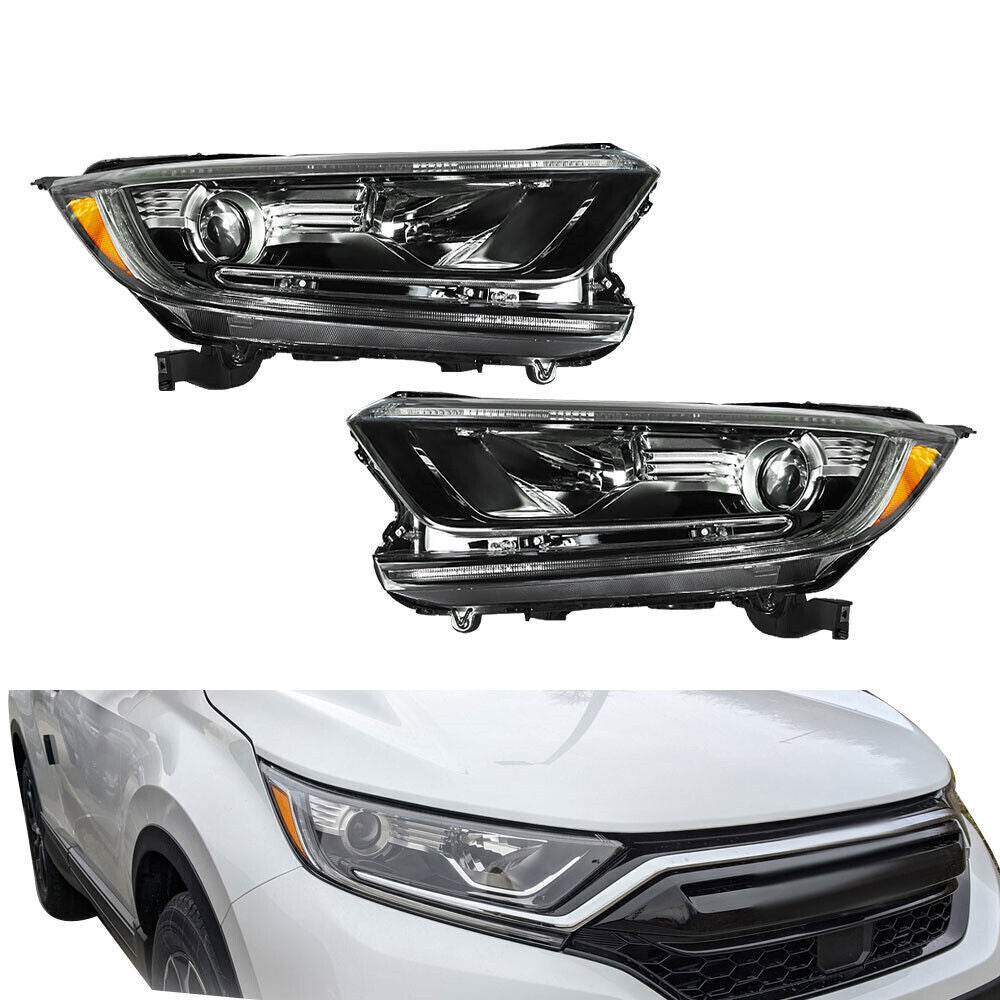 RH+LH Headlight For 2017-2022 Honda CR-V Halogen W/LED DRL Black Housing