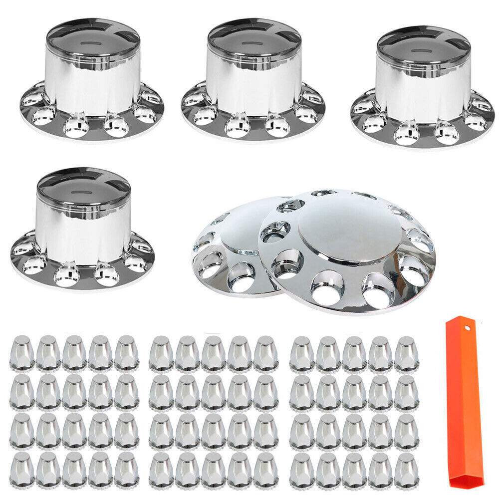 Complete 33mm Lug Chrome Hub Cover Semi Truck Wheel Axle Cover Kit Front & Rear
