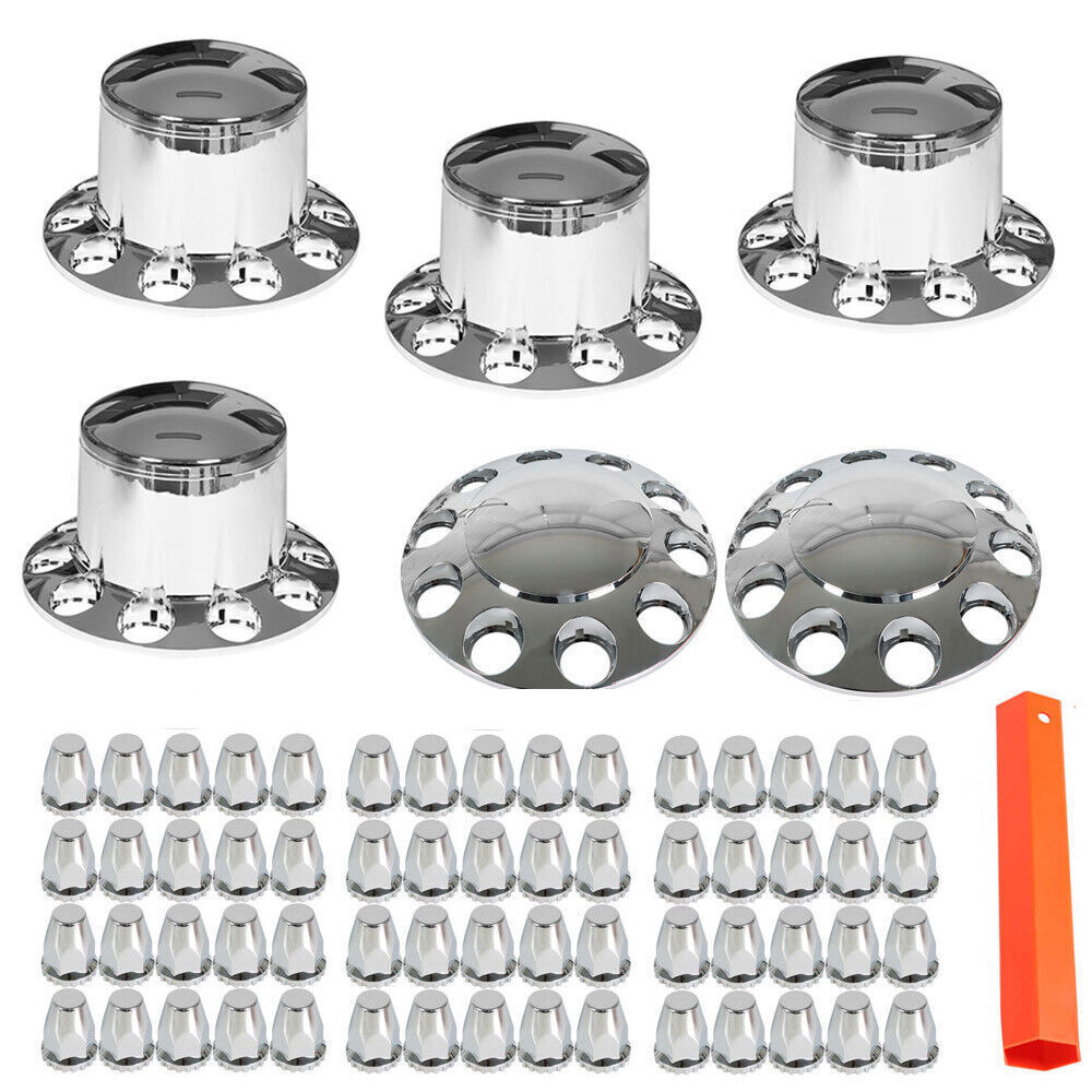 Complete 33mm Lug Chrome Hub Cover Semi Truck Wheel Axle Cover Kit Front & Rear