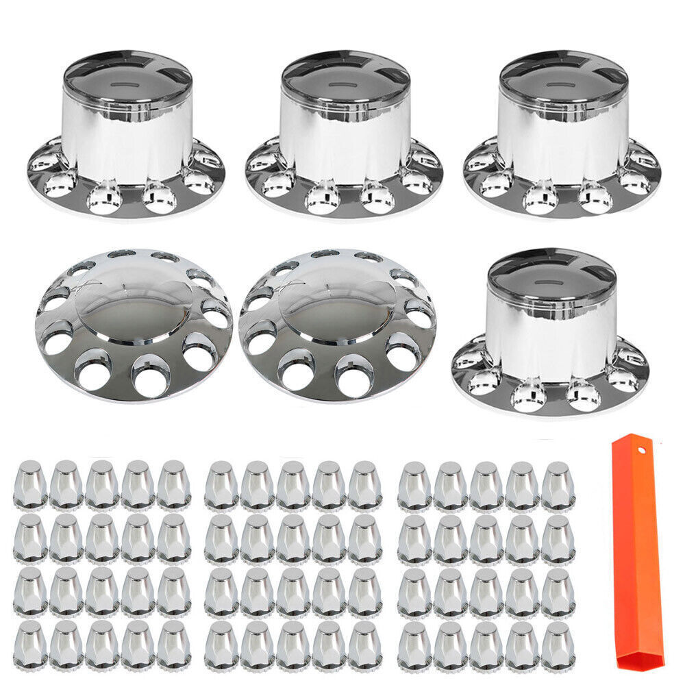 Complete 33mm Lug Chrome Hub Cover Semi Truck Wheel Axle Cover Kit Front & Rear