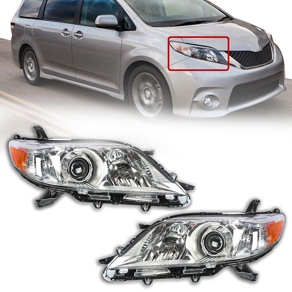 Right+Left Headlights For 2011-2020 Toyota Sienna Halogen Chrome Clear