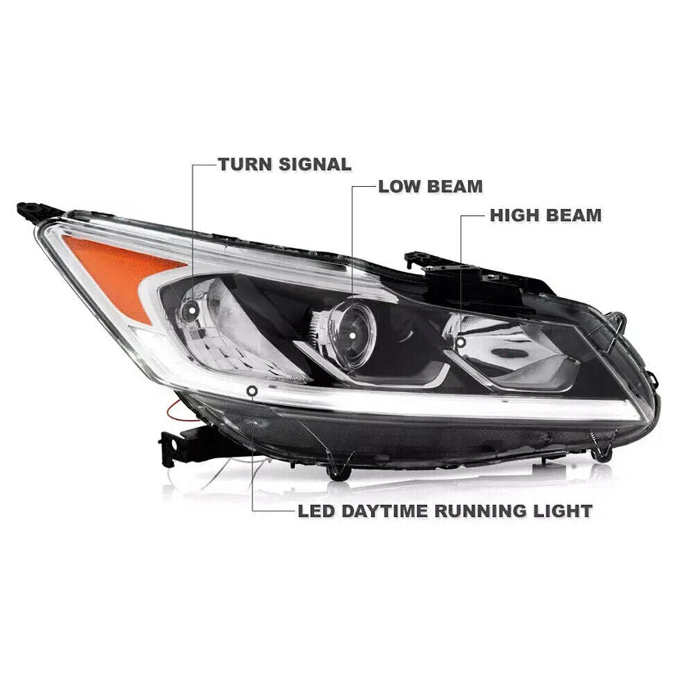 Left+Right Headlight For 2016-2017 Honda Accord Sedan Halogen W/LED DRL