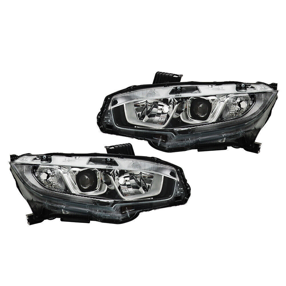 Right+Left Headlights For 2016-20 Honda Civic Halogen Electroplated Trim