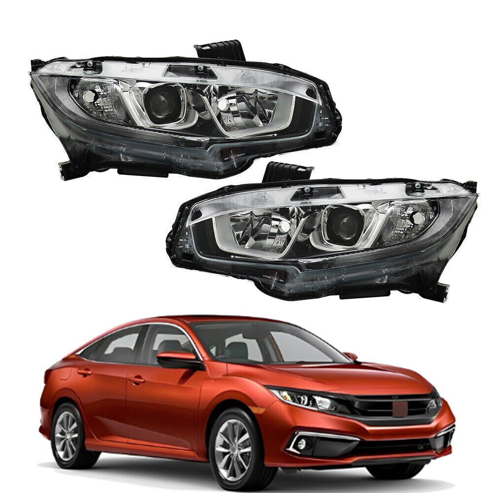 Right+Left Headlights For 2016-20 Honda Civic Halogen Electroplated Trim